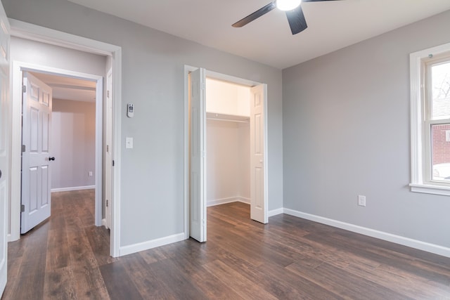 unfurnished bedroom featuring a walk in closet, ceiling fan, multiple windows, dark hardwood / wood-style floors, and a closet