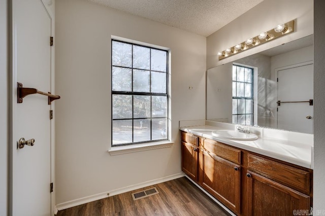 bathroom featuring hardwood / wood-style flooring, vanity, and a textured ceiling