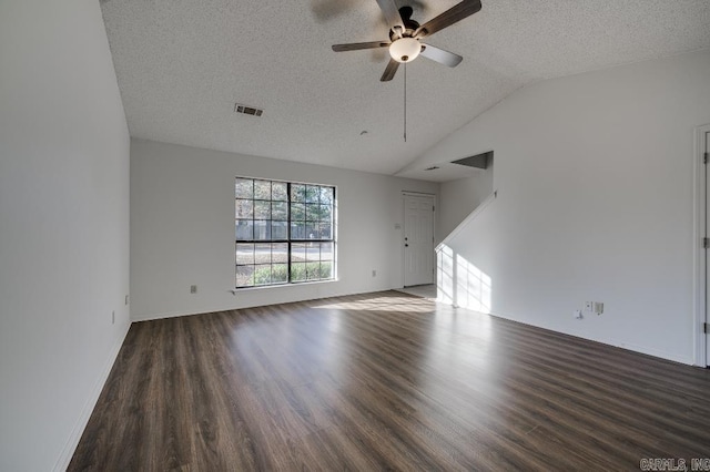 unfurnished living room featuring a textured ceiling, ceiling fan, dark hardwood / wood-style flooring, and lofted ceiling