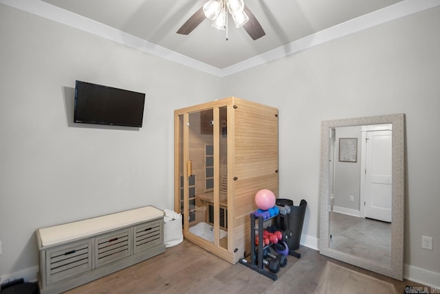 miscellaneous room featuring hardwood / wood-style flooring, ceiling fan, and crown molding