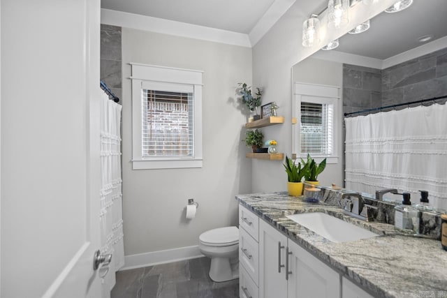 bathroom with walk in shower, vanity, and toilet