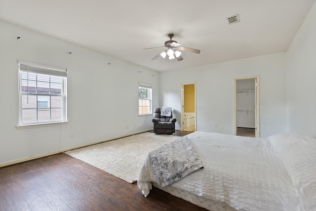 bedroom with connected bathroom, ceiling fan, a spacious closet, dark wood-type flooring, and a closet