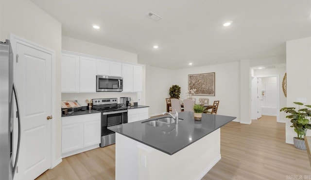 kitchen with light wood-type flooring, stainless steel appliances, sink, white cabinetry, and an island with sink