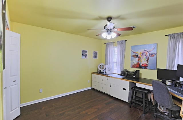 office space with ceiling fan and dark hardwood / wood-style floors