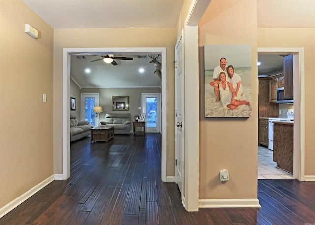 hallway featuring wood-type flooring and ornamental molding