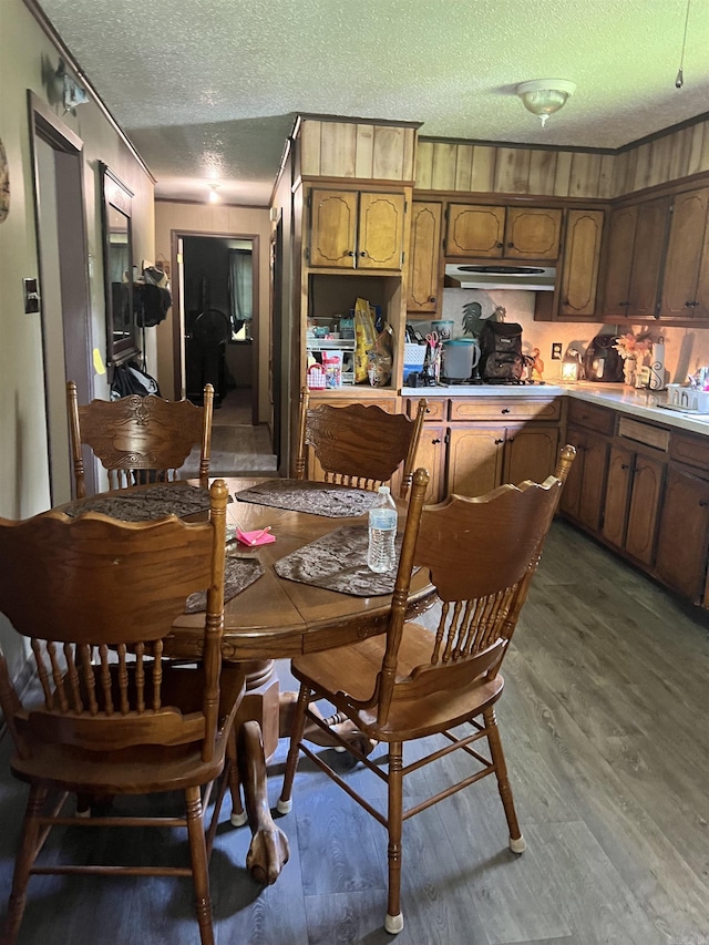 kitchen with a textured ceiling and dark wood-type flooring