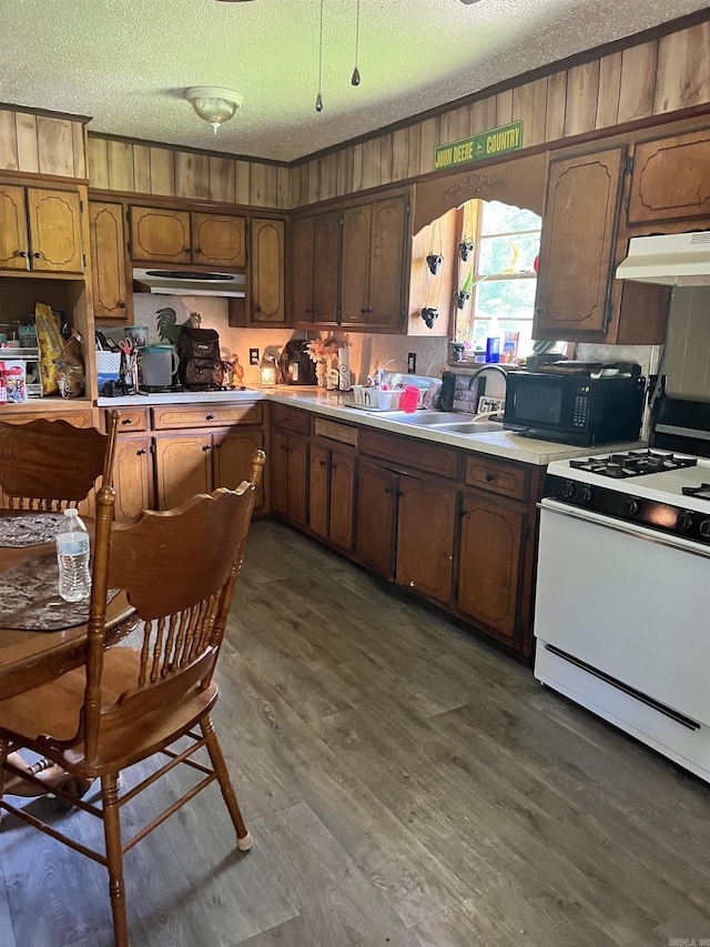 kitchen with sink, white range with gas cooktop, dark wood-type flooring, and a textured ceiling