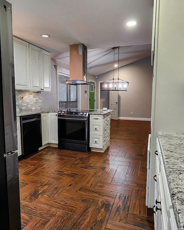 kitchen with dark parquet flooring, tasteful backsplash, kitchen peninsula, island range hood, and black appliances