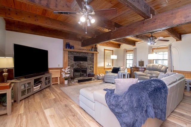 living room with light wood-type flooring, wood ceiling, beam ceiling, a stone fireplace, and wood walls