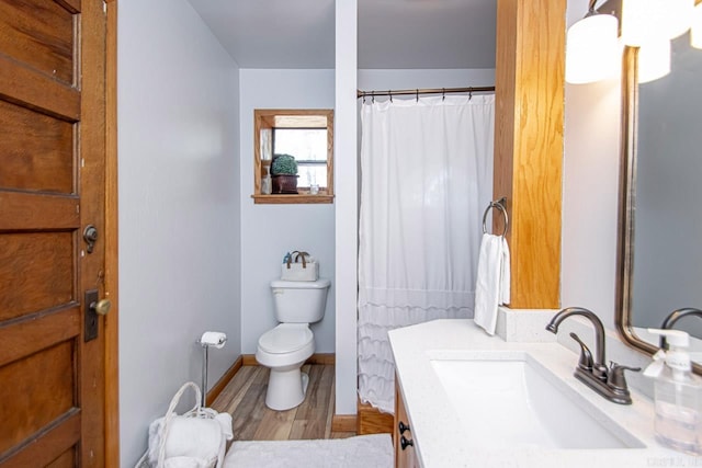 bathroom with vanity, wood-type flooring, and toilet