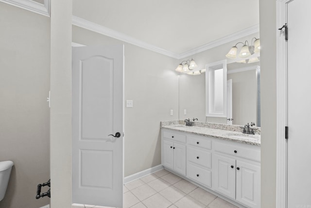 bathroom with tile patterned flooring, vanity, and ornamental molding