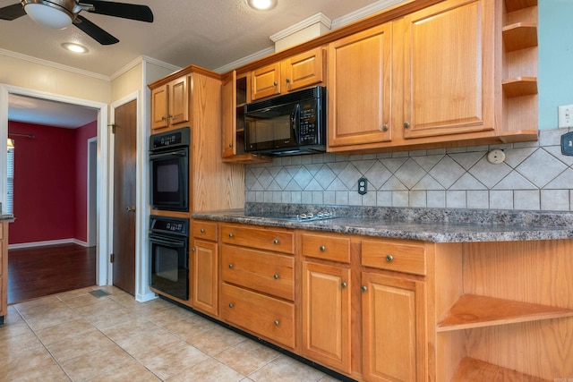 kitchen featuring decorative backsplash, ornamental molding, ceiling fan, black appliances, and light tile patterned floors