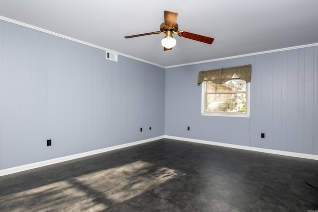 unfurnished room with ceiling fan and ornamental molding