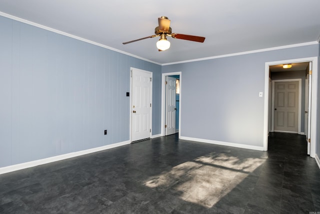 unfurnished room featuring ceiling fan and ornamental molding