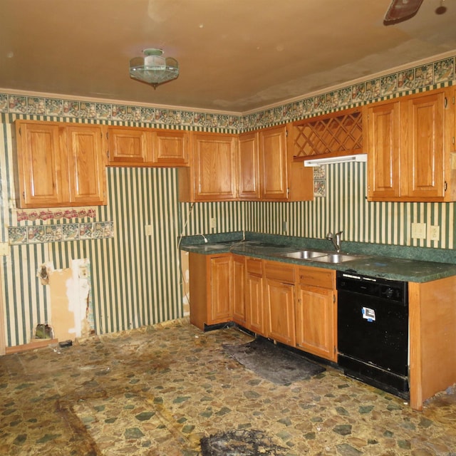 kitchen with black dishwasher, crown molding, and sink