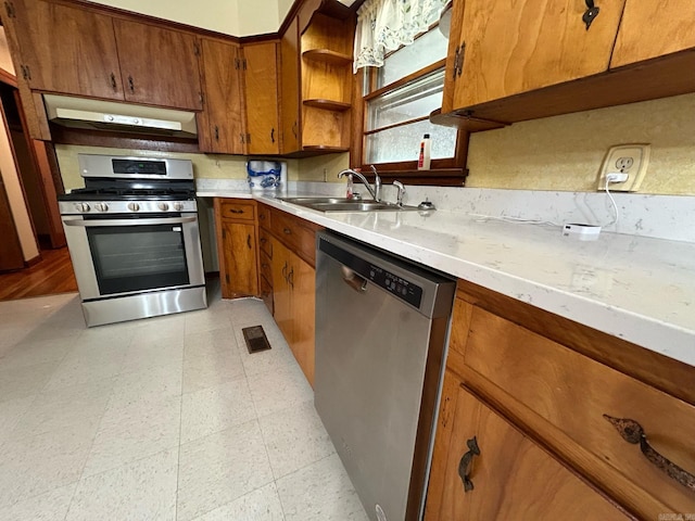 kitchen featuring exhaust hood, sink, and stainless steel appliances