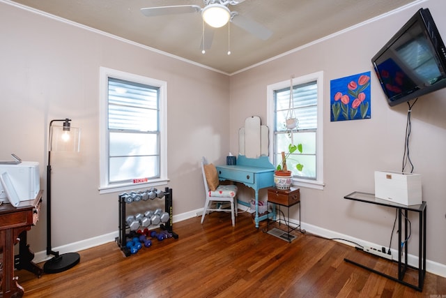 miscellaneous room featuring ceiling fan, wood-type flooring, and crown molding