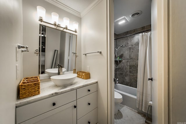 full bathroom featuring shower / bath combo, vanity, toilet, and ornamental molding