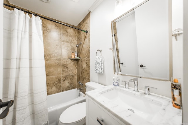 full bathroom featuring vanity, toilet, and shower / bathtub combination with curtain