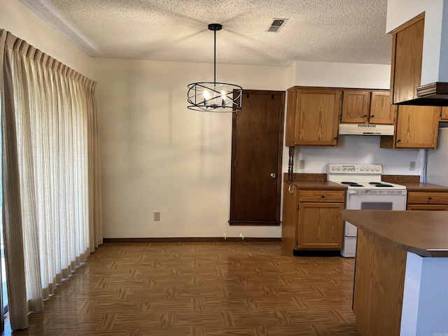 kitchen with dark parquet flooring, a notable chandelier, white range with electric cooktop, pendant lighting, and a textured ceiling