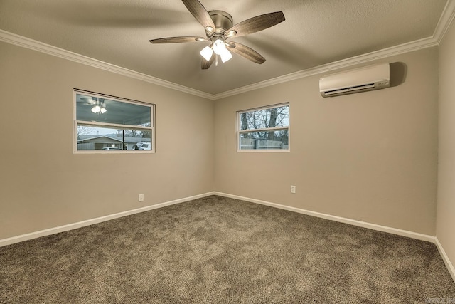 carpeted spare room featuring a textured ceiling, an AC wall unit, ceiling fan, and crown molding