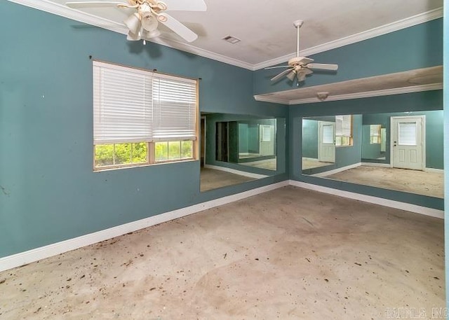 unfurnished room with concrete flooring, ceiling fan, and crown molding