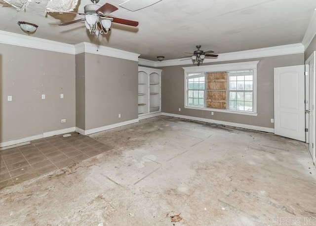 unfurnished room with ceiling fan and crown molding