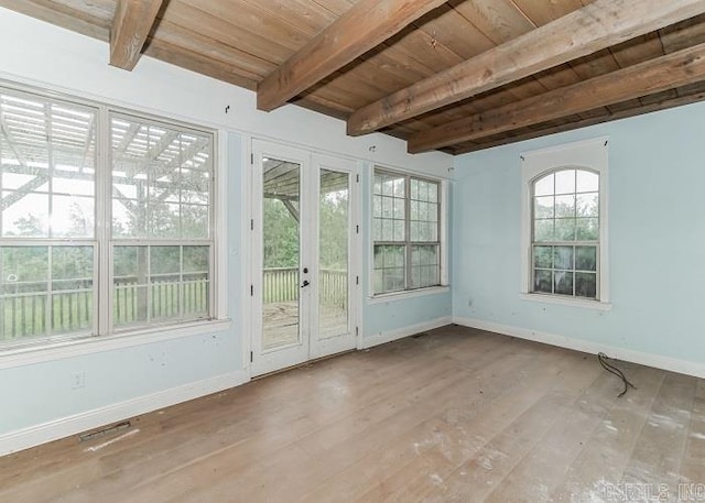 unfurnished sunroom featuring beam ceiling and wood ceiling