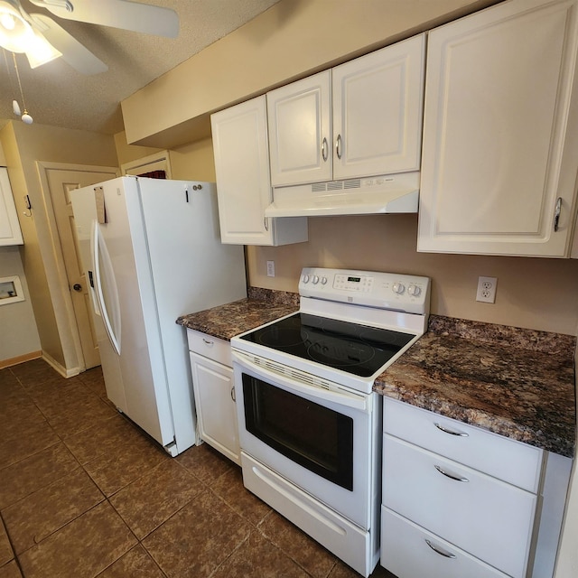 kitchen featuring a textured ceiling, ceiling fan, white cabinets, and white appliances