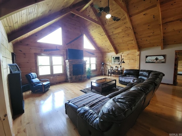 living room featuring wood walls, beamed ceiling, wood ceiling, and hardwood / wood-style flooring