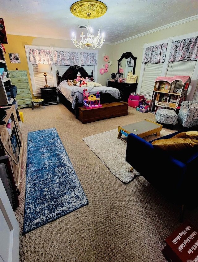 carpeted bedroom with ornamental molding, a textured ceiling, and an inviting chandelier