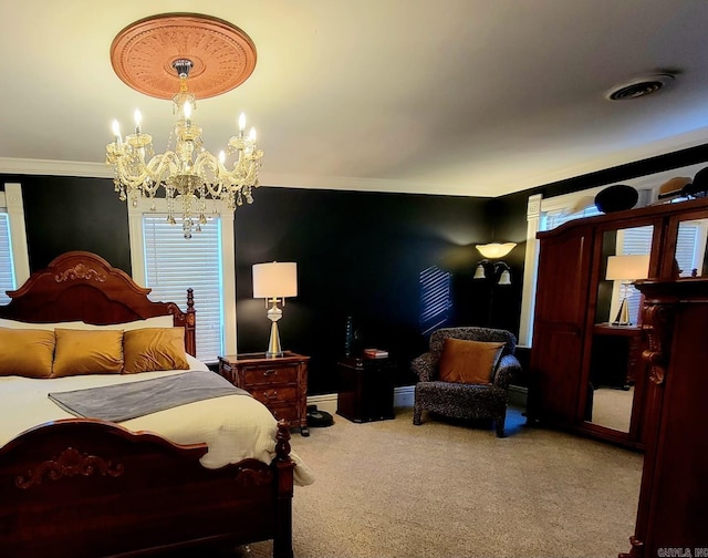 carpeted bedroom featuring a notable chandelier and crown molding