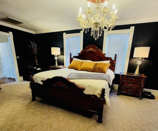 bedroom featuring carpet flooring, ornamental molding, and a chandelier