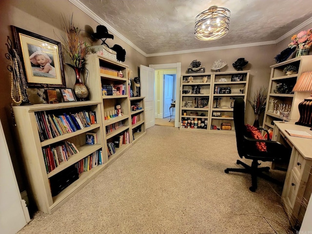 carpeted home office featuring ornamental molding and a textured ceiling