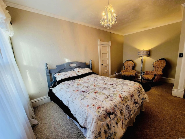 bedroom with dark colored carpet, crown molding, and a chandelier