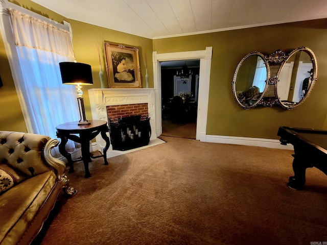 living area featuring crown molding, a fireplace, carpet, and pool table