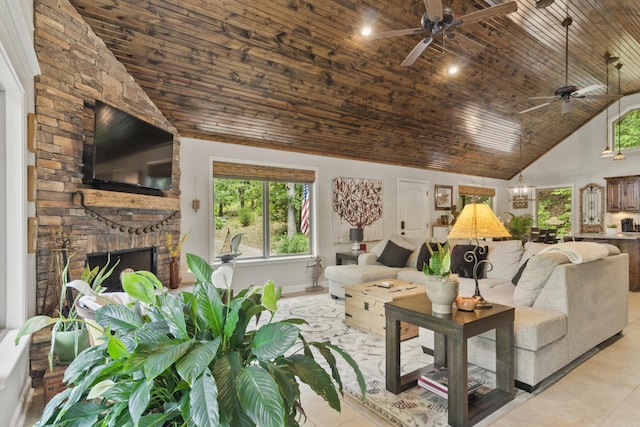 tiled living room with a fireplace, high vaulted ceiling, a notable chandelier, and wood ceiling