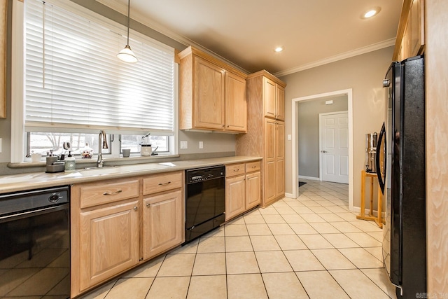 kitchen with light brown cabinetry, ornamental molding, black appliances, light tile patterned floors, and decorative light fixtures