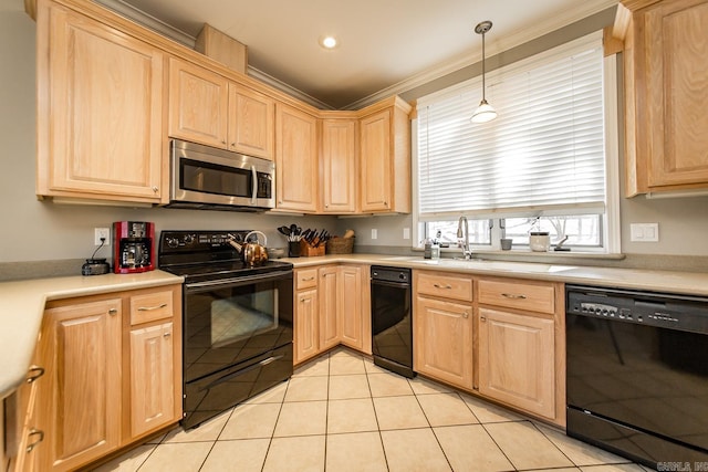 kitchen with ornamental molding, black appliances, light tile patterned floors, light brown cabinets, and decorative light fixtures