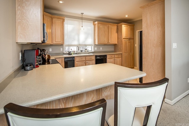 kitchen featuring pendant lighting, dishwasher, kitchen peninsula, and a breakfast bar area