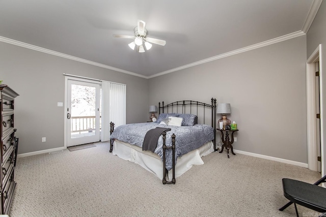 bedroom featuring access to exterior, ceiling fan, crown molding, and light carpet