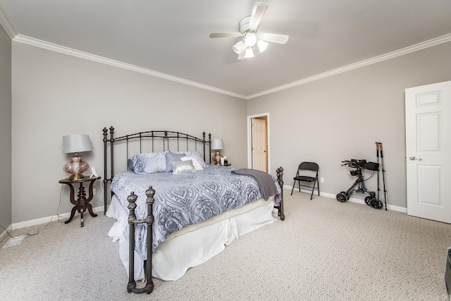 carpeted bedroom featuring ceiling fan and ornamental molding