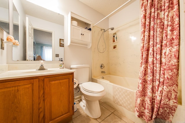 full bathroom with vanity, tile patterned flooring, toilet, shower / bathtub combination with curtain, and a textured ceiling