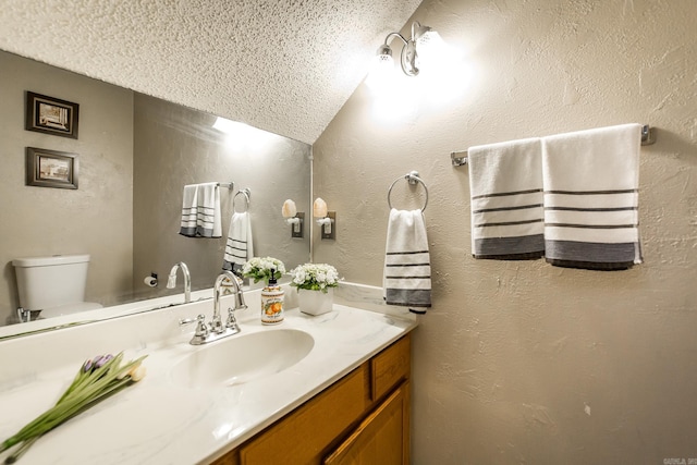 bathroom with lofted ceiling, vanity, and a textured ceiling