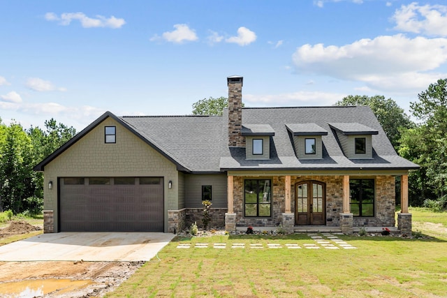 view of front of property featuring a porch, a garage, french doors, and a front lawn