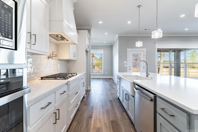 kitchen featuring white cabinets, appliances with stainless steel finishes, tasteful backsplash, and custom exhaust hood