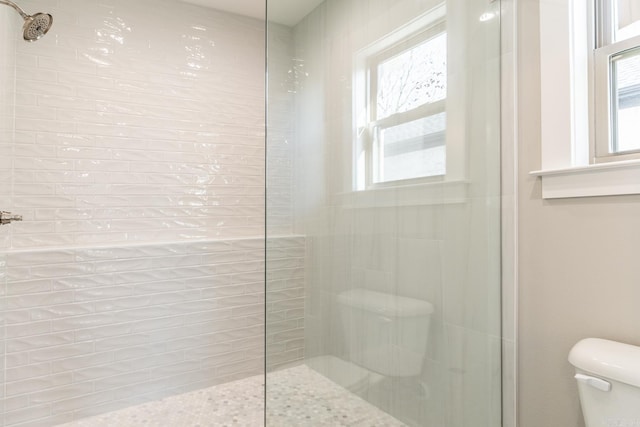 bathroom with plenty of natural light, toilet, and a tile shower