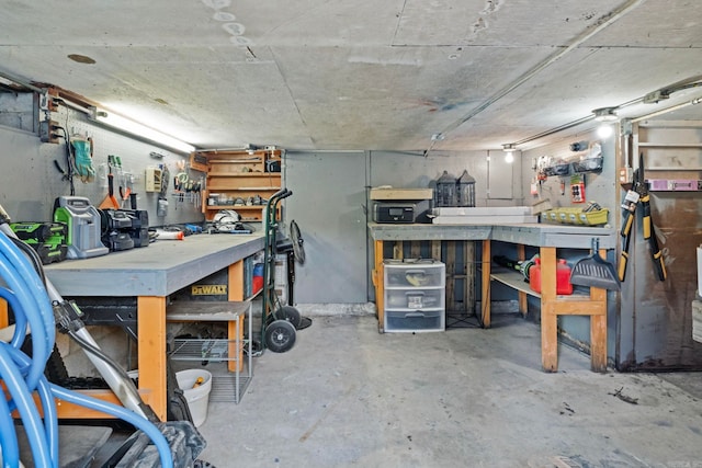 basement with a workshop area