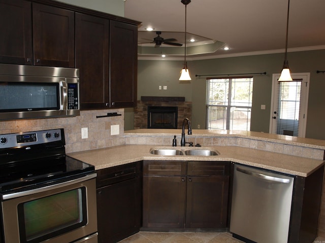 kitchen featuring dark brown cabinets, sink, ornamental molding, and stainless steel appliances