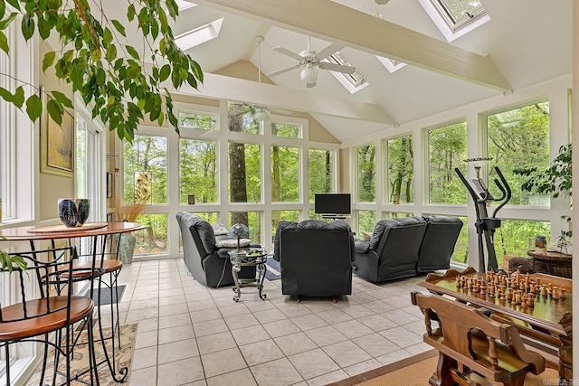 sunroom featuring lofted ceiling with skylight and ceiling fan